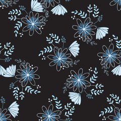 Vintage flowers in a new way. Stamens and leaves in a seamless pattern.