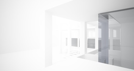 Abstract architectural white interior of a minimalist house with large windows.. 3D illustration and rendering.