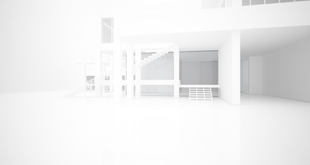 Abstract architectural white interior of a minimalist house with large windows.. 3D illustration and rendering.