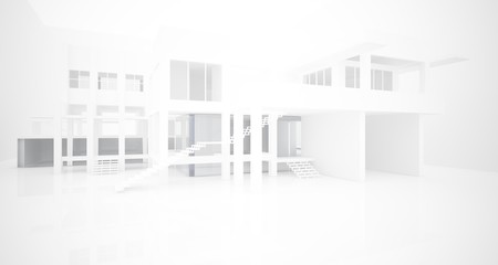 Abstract architectural white interior of a minimalist house with large windows.. 3D illustration and rendering.