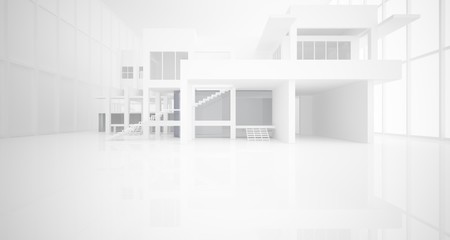 Abstract architectural white interior of a minimalist house with large windows.. 3D illustration and rendering.