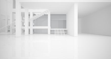 Abstract architectural white interior of a minimalist house with large windows.. 3D illustration and rendering.