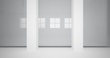 Abstract architectural white interior of a minimalist house with large windows.. 3D illustration and rendering.