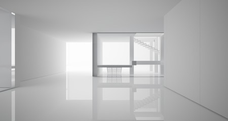 Abstract architectural white interior of a minimalist house with large windows.. 3D illustration and rendering.