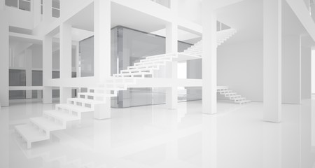 Abstract architectural white interior of a minimalist house with large windows.. 3D illustration and rendering.
