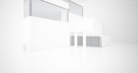 Abstract architectural white interior of a minimalist house with large windows.. 3D illustration and rendering.