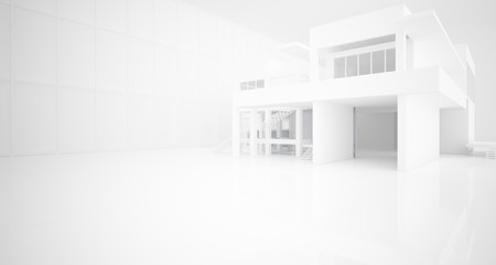 Abstract architectural white interior of a minimalist house with large windows.. 3D illustration and rendering.