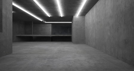 Abstract architectural concrete interior of a minimalist house with neon lighting. 3D illustration and rendering.