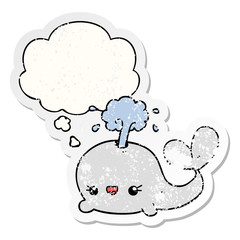 cute cartoon whale and thought bubble as a distressed worn sticker