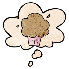 cartoon cupcake and thought bubble in grunge texture pattern style