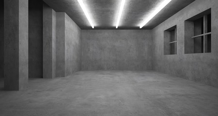 Abstract architectural concrete interior of a minimalist house with neon lighting. 3D illustration and rendering.