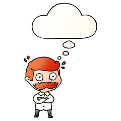 cartoon man with mustache shocked and thought bubble in smooth gradient style