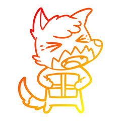 warm gradient line drawing angry cartoon fox with christmas present