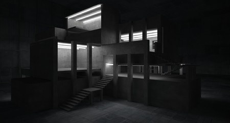 Abstract architectural concrete interior of a minimalist house with neon lighting. 3D illustration and rendering.