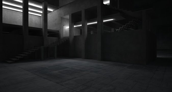Abstract architectural concrete interior of a minimalist house with neon lighting. 3D illustration and rendering.