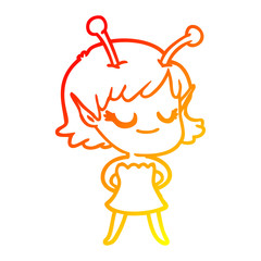 warm gradient line drawing smiling alien girl cartoon