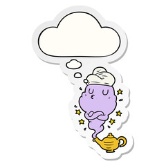 cartoon genie and thought bubble as a printed sticker