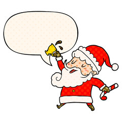 cartoon santa claus and hot cocoa and speech bubble in comic book style