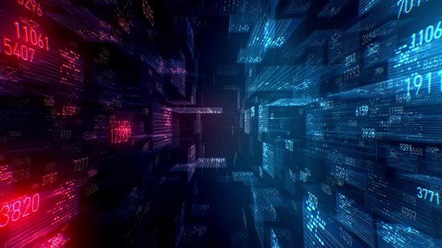 Abstract neon background. Binary code. Artificial Intelligence. Digital technology. Flight in digital space.