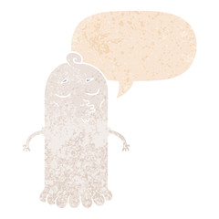 cartoon ghost and speech bubble in retro textured style