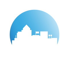 city tower building in blue circle button