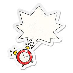cartoon ringing alarm clock and speech bubble distressed sticker