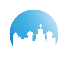 city tower building in blue circle button