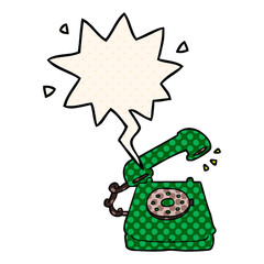 cartoon old telephone and speech bubble in comic book style