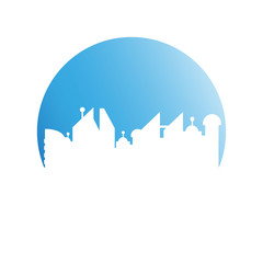 city tower building in blue circle button