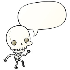 cute cartoon dancing skeleton and speech bubble in smooth gradient style