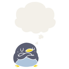 cartoon penguin and thought bubble in retro style