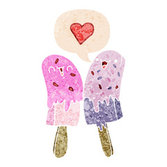 cartoon ice lolly in love and speech bubble in retro textured style