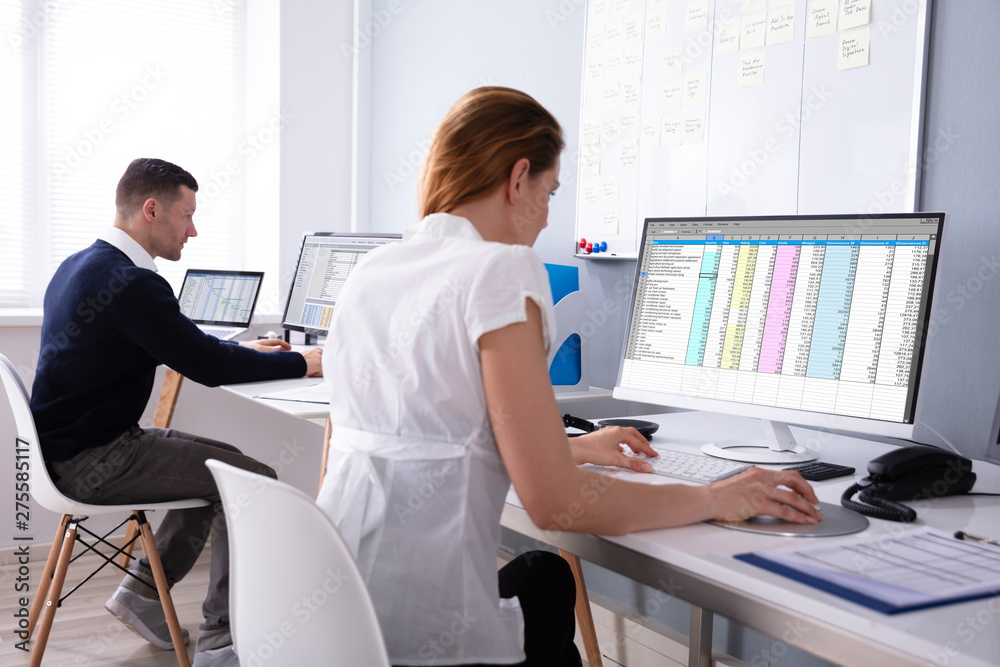 Poster businesspeople examining report on computer