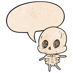 cute cartoon skeleton and speech bubble in retro texture style
