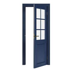 Blue interior door isolated on white background. 3D rendering.