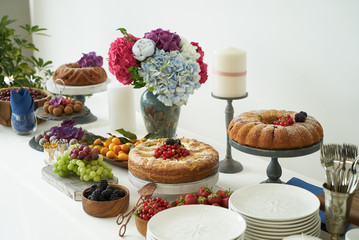 Catering and banquet wedding table set with food and sweets, copy space for text