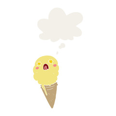 cartoon shocked ice cream and thought bubble in retro style