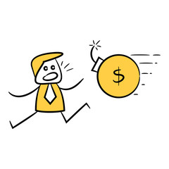 doodle stick figure businessman run away from money debt bomb