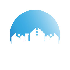 city tower building in blue circle button