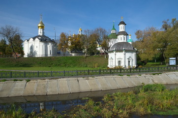 Church of the Introduction of the blessed virgin and the chapel of the Pyatnitsky (Sergius) is a well on the banks of the river Konchura. Sergiev Posad, Moscow region, Russia