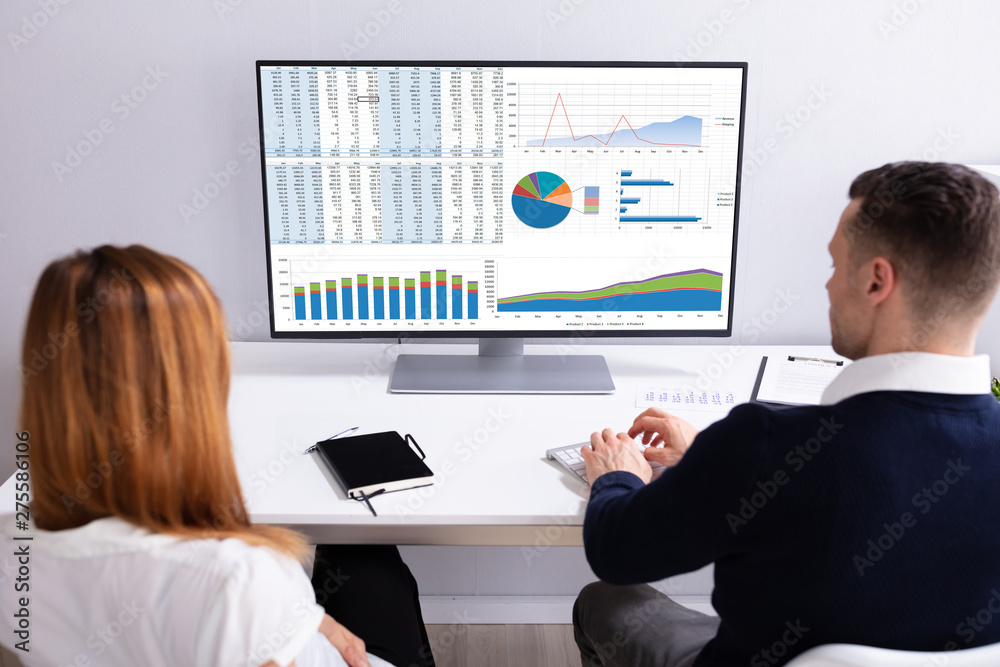 Poster businesspeople analyzing graph on computer