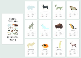Calendar 2019. Vector monthly calendar with arctic animals
