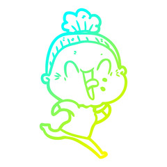 cold gradient line drawing cartoon happy old woman