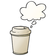 cartoon takeout coffee cup and thought bubble in smooth gradient style