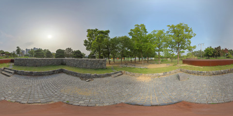 Ansan, South Korea - 21 June 2019 Hwarangyuwonji Public Garden. 360 degrees panorama view.