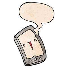 cute cartoon mobile phone and speech bubble in retro texture style