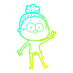 cold gradient line drawing cartoon happy old woman