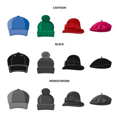 Vector illustration of headgear and cap sign. Set of headgear and accessory vector icon for stock.