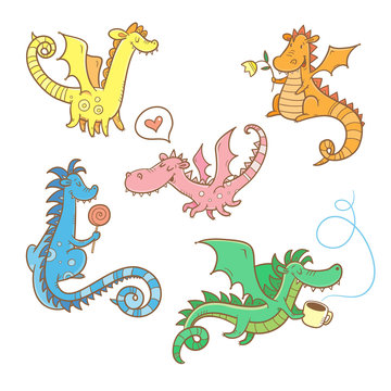 Cartoon dragons set. Cute animals. Vector contour colorful image.