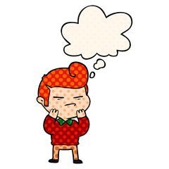 cartoon cool guy with fashion hair cut and thought bubble in comic book style